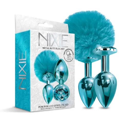 Global Novelties NIXIE Metal Butt Plug Set, Pom Pom and Jewel Inlaid, Blue Metallic