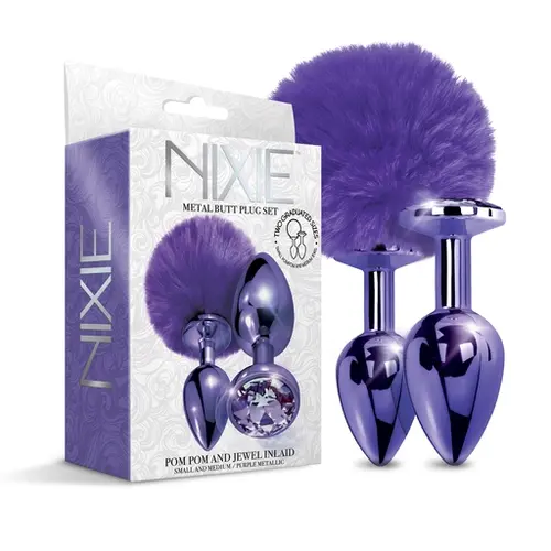 Global Novelties NIXIE Metal Butt Plug Set, Pom Pom and Jewel Inlaid, Purple Metallic