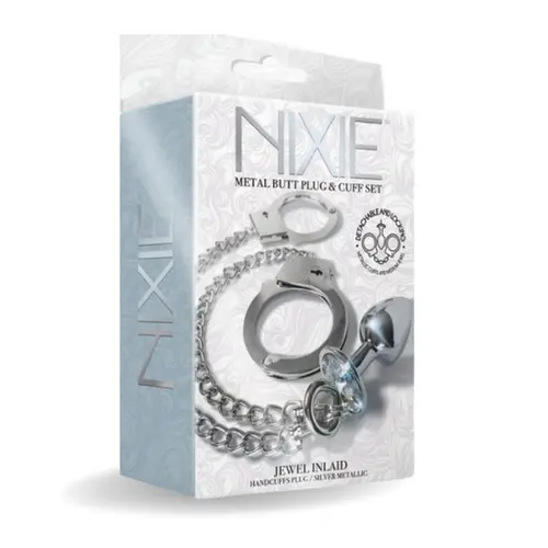Global Novelties NIXIE Metal Butt Plug & Cuff Set Metallic Silver