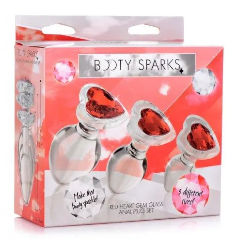 XR Brands Booty Sparks Red Heart Gem Glass Anal Plug - Set